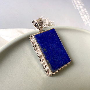 阿根廷天然青金石平安无事牌蓝色吊坠 925纯银包银铜钱方牌 高档