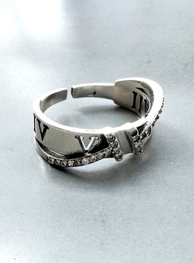 韩国 S925通体纯银T字镶钻罗马数字开口戒指 时尚小众 个性百搭