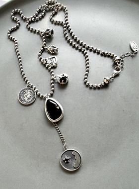 韩国 S925纯银女王人头像黑钻五角星项链 50cm圆珠 小众潮酷21.8g