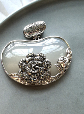 民族风 S925纯银山茶花朵马克赛石超大吊坠白玉髓毛衣坠 大气高档