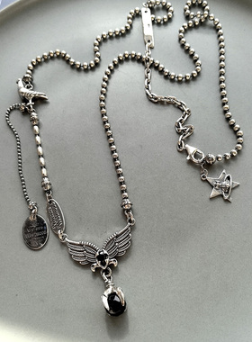 韩国 S925纯银老鹰鹰爪黑钻鸽子圆珠长项链 复古毛衣链 小众重工