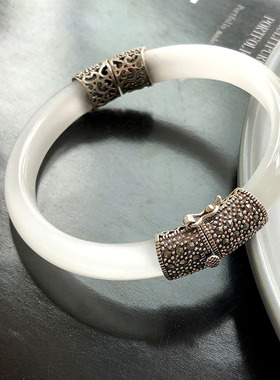 民族风 S925纯银白色猫眼石手镯 复古时尚礼物 泰银妈妈镯子 特价