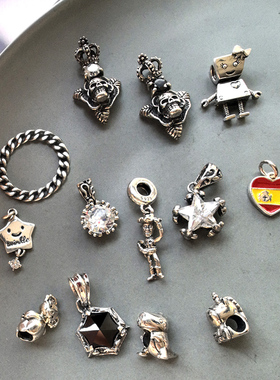 韩国东大门S925纯银小众复古吊坠 白钻五角星骷髅皇冠恐龙 潮个性