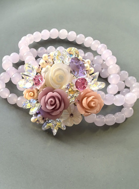 韩国东大门三层天然石粉紫色水晶贝壳花朵手链 超闪弹力 奢华高档