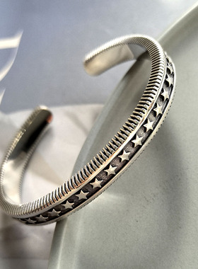 S925纯银五角星星开口手镯 个性复古镯子 实心重工 中性 31.5g