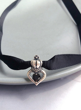 异思 韩国东大门 S925纯银皇冠爱心黑色绳颈链 choker气质短项链