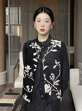 如意连云 国风提花立领对襟玉石扣马甲女复古新中式外穿背心