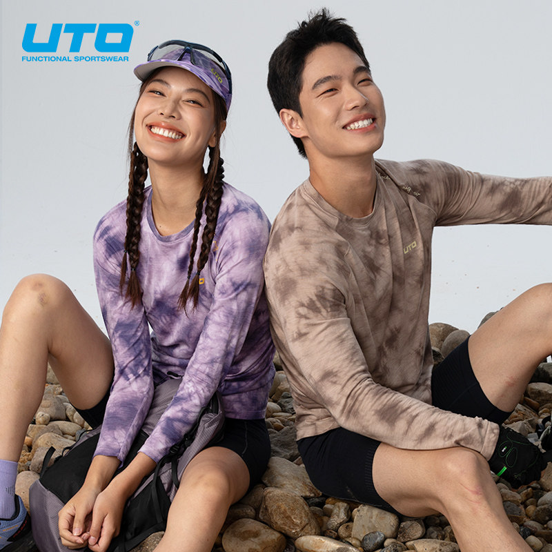 UTO悠途美丽奴羊毛扎染速干衣男户外越野跑步马拉松T恤女运动长袖