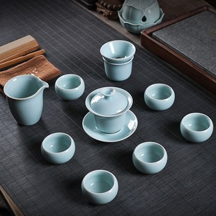 办公室陶瓷哥窑冰裂三才盖碗茶壶泡茶杯套装 青瓷功夫茶具套装 家用