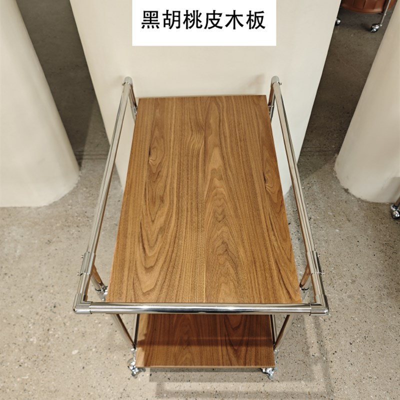 樱5 中古不锈钢小推车可移动双层置物架原木客厅沙发边几