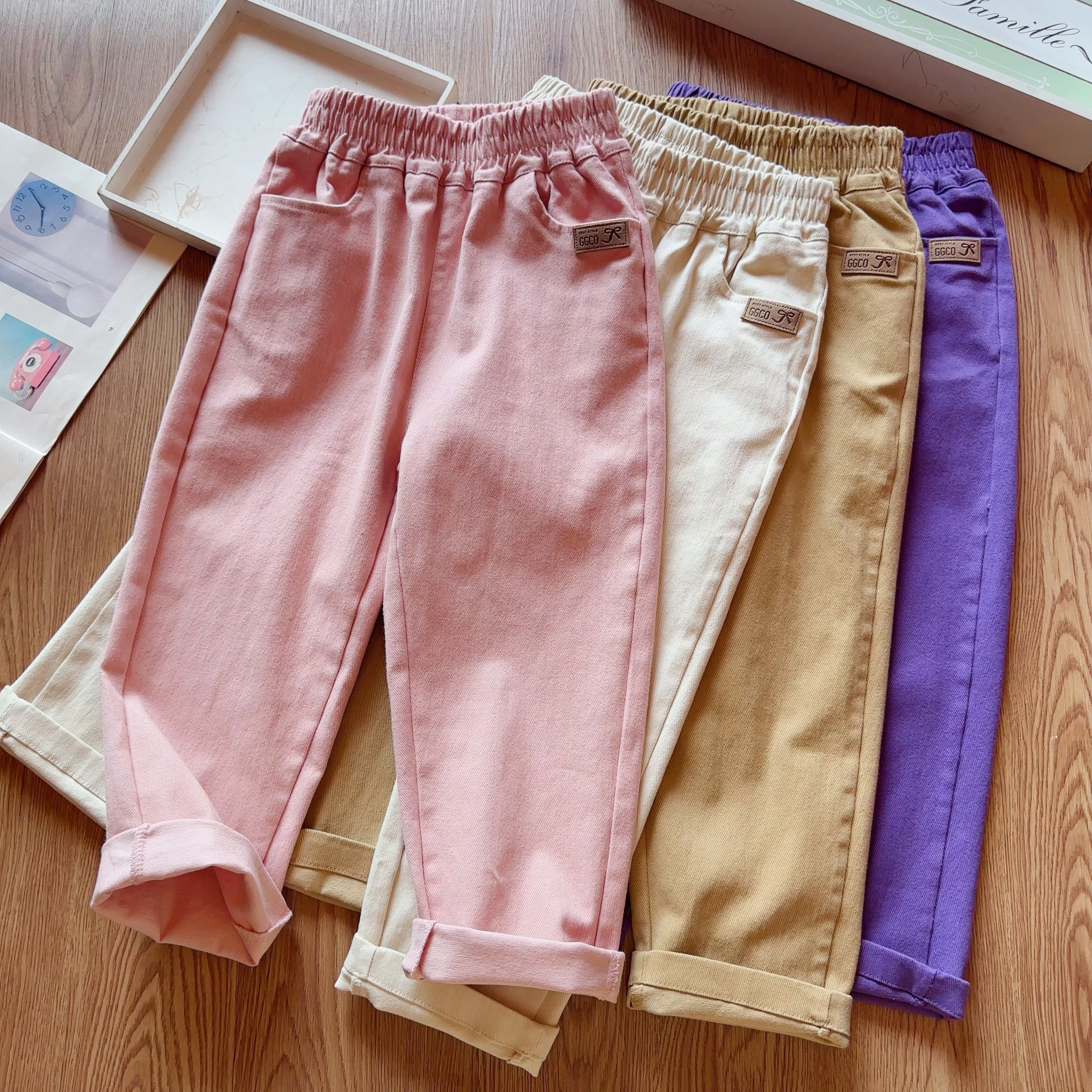 简约男女童水洗纯棉休闲裤中大儿童纯色运动裤秋冬窄版直筒裤长裤