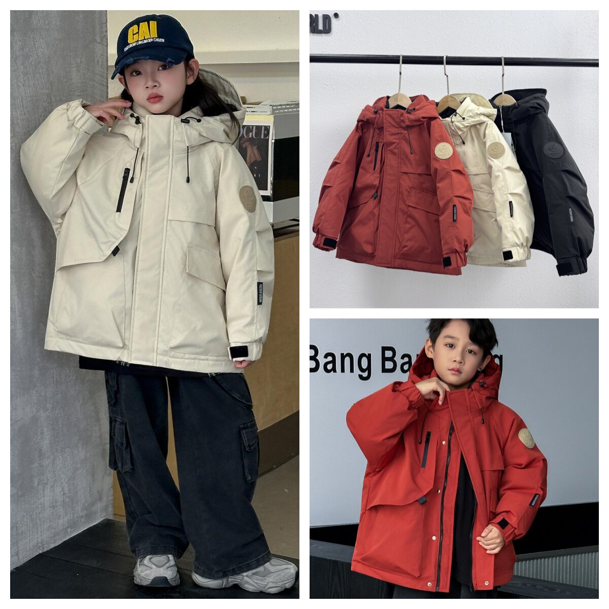 2025冬装儿童工装羽绒服户外派克服90白鸭绒男女童中大童连帽外套