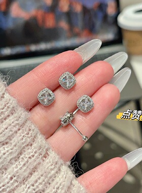 通体银 S925纯银方糖耳钉女款轻奢小众设计感耳环简约百搭耳饰