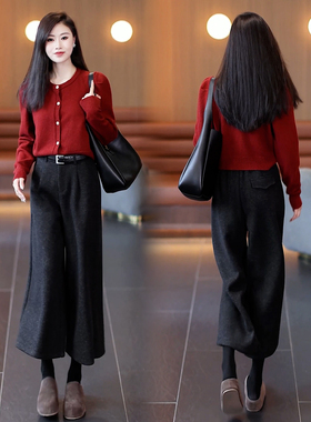 高级感灰色毛呢阔腿裤女兔绒加厚九分裤冬季宽松显瘦休闲直筒裤子