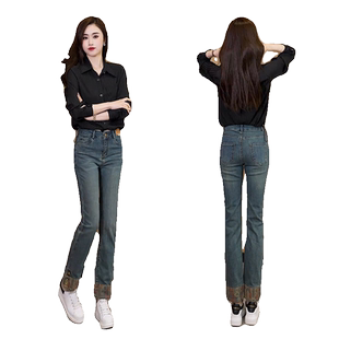 直筒烟管裤牛仔裤女2024新款春款高腰窄版国风印花新中式九分女裤