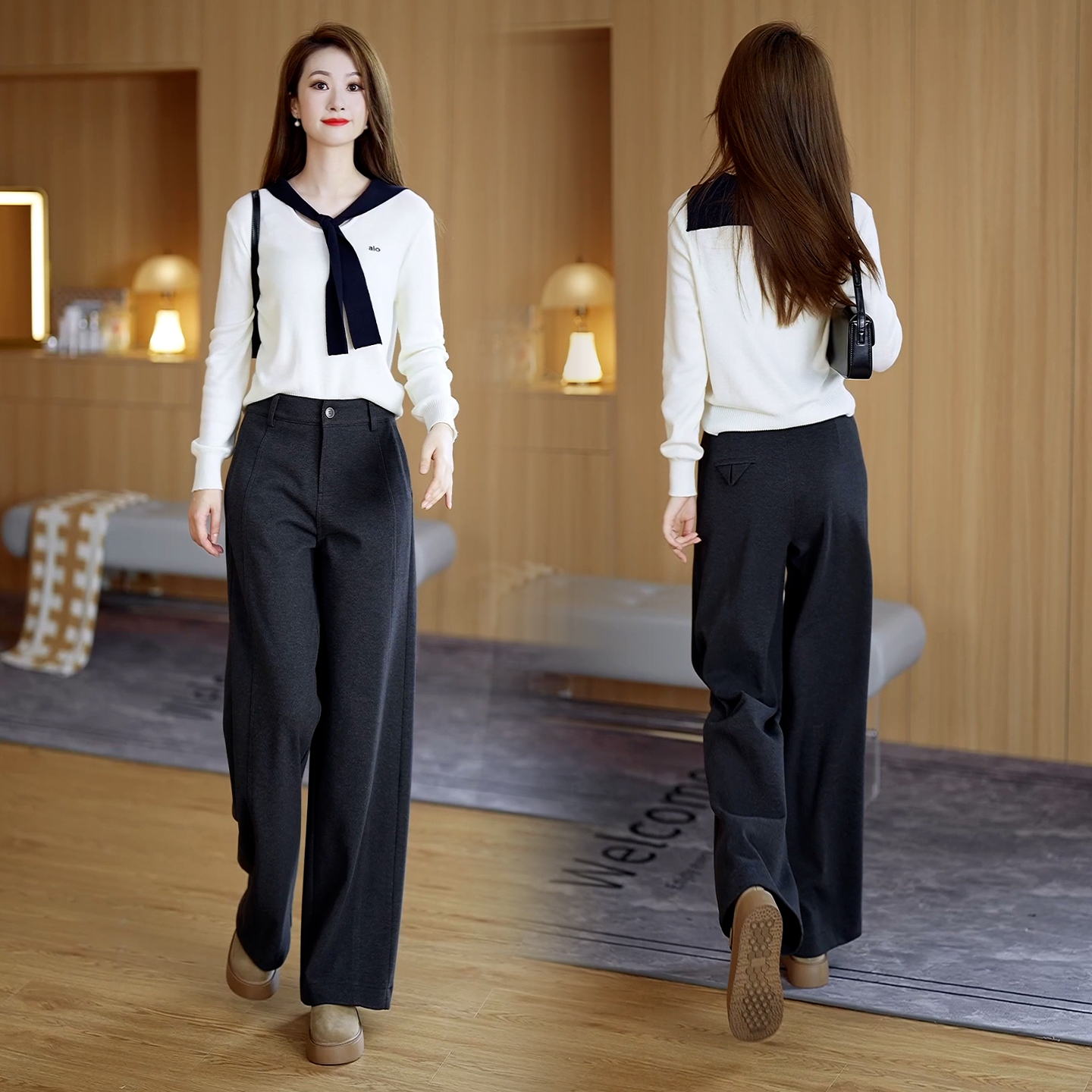 灰色窄版毛呢阔腿休闲裤女