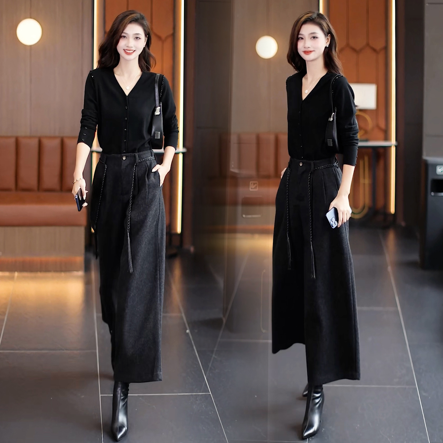 灰色高腰羊毛呢阔腿裤女休闲裤