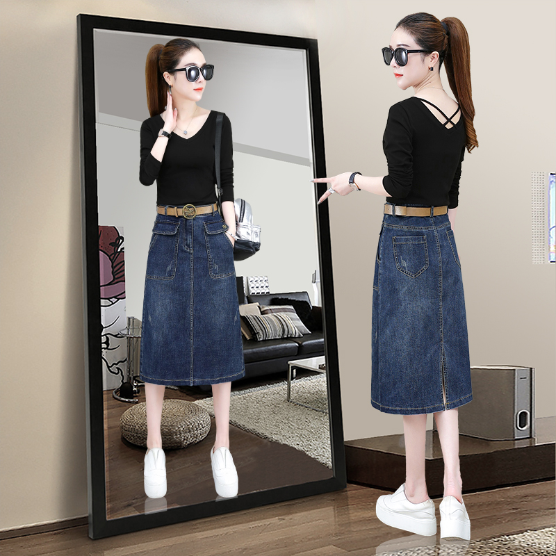 牛仔裙半身裙女春款中长款高腰a字2022年新款春秋深蓝色开叉长裙