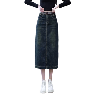 高腰a字裙子复古深蓝长裙牛仔半身裙女2026新款女士开叉秋季半裙