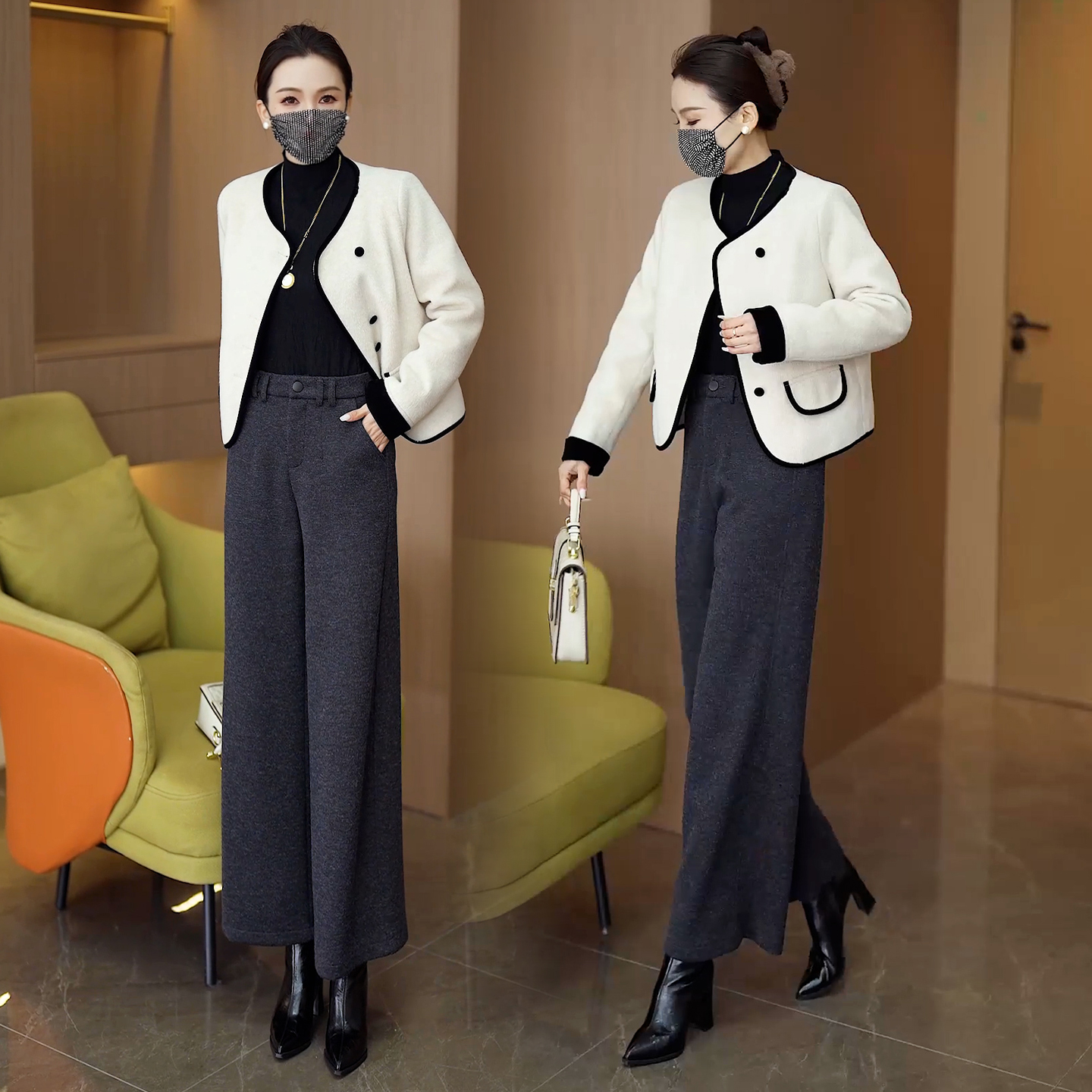 冬季灰色加厚九分羊绒阔腿裤子女