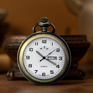 经典无盖双日历 石英夜光指针怀表 复古男女学生项链老人礼物挂表