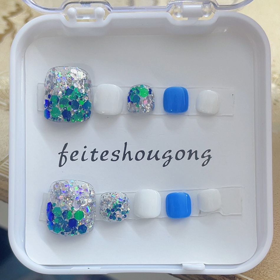 纯手工脚趾甲天蓝亮片白色美甲片