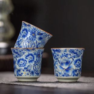 复古品茗杯功夫茶具陶瓷客杯单杯 汝窑青花茶杯小号主人杯家用中式