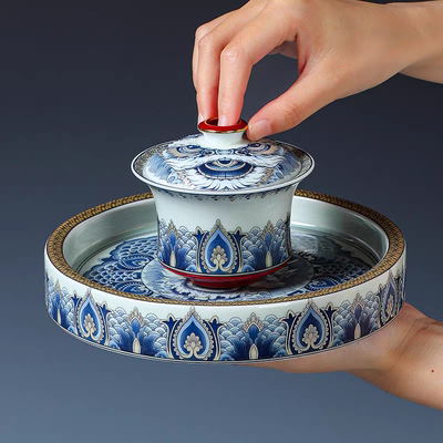 青花墨彩醒狮悬停旋转功夫茶具套装三才盖碗高档商务礼品伴手礼盒