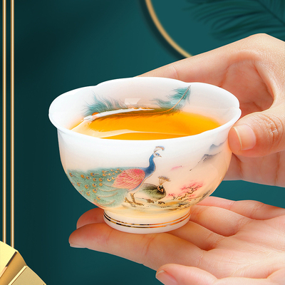 冰种璞玉瓷孔雀梅花杯主人杯女士专用品茗杯带礼盒装送礼定制茶杯
