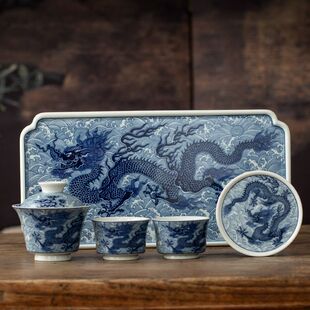 景德镇青花瓷龙纹三才盖碗可悬停防烫泡茶碗家用陶瓷功夫茶具茶盘