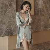 吊带胸垫睡裙睡袍两件套装 蕾丝新款 夏 冰丝绸薄款 性感睡衣女春秋季