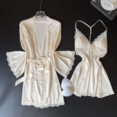 性感纯欲蕾丝边睡衣女士2026春夏新款 吊带睡裙外袍两件套带胸垫