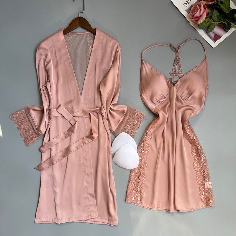 性感睡衣女新夏季冰丝薄款纯欲诱惑露背铁塔带胸垫蕾丝两件套春秋