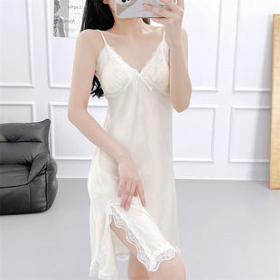 连衣裙夏天新款蕾丝吊带睡裙纯欲风性感深V开叉睡衣家居服女春秋