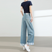 高腰设计感九分卷边直筒裤 薄款 女小个子夏季 蕾丝拼接阔腿牛仔裤
