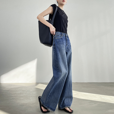 土耳其浅蓝色阔腿牛仔裤女高腰