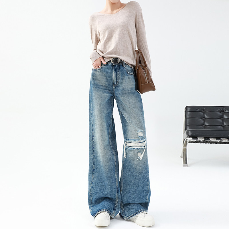 美式破洞阔腿牛仔裤女春秋2025新款高腰设计感宽松复古直筒拖地裤,女装/女士精品,牛仔裤,淘宝优惠券,粉丝福利购,淘宝优惠卷