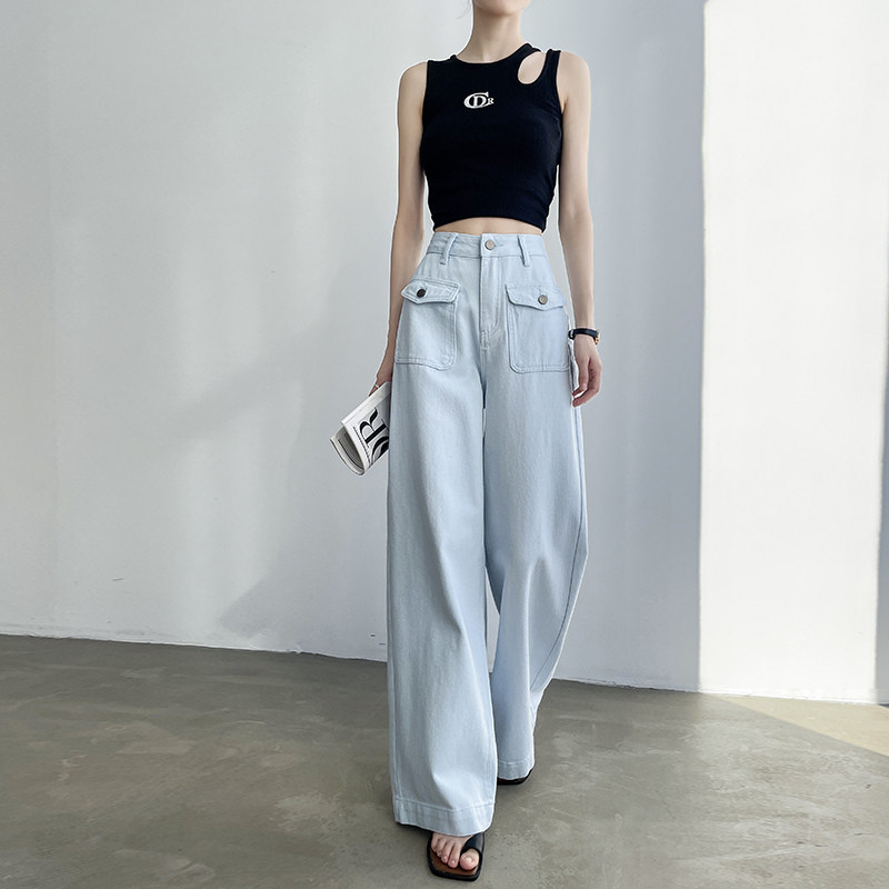 蔚蓝色阔腿牛仔裤女2025春夏新款显瘦宽松翻盖口袋设计百搭直筒裤,女装/女士精品,牛仔裤,淘宝优惠券,粉丝福利购,淘宝优惠卷