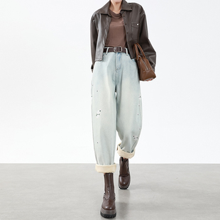 高腰宽松显瘦遮胯九分加厚老爹裤 新款 女秋冬季 加绒刺绣哈伦牛仔裤