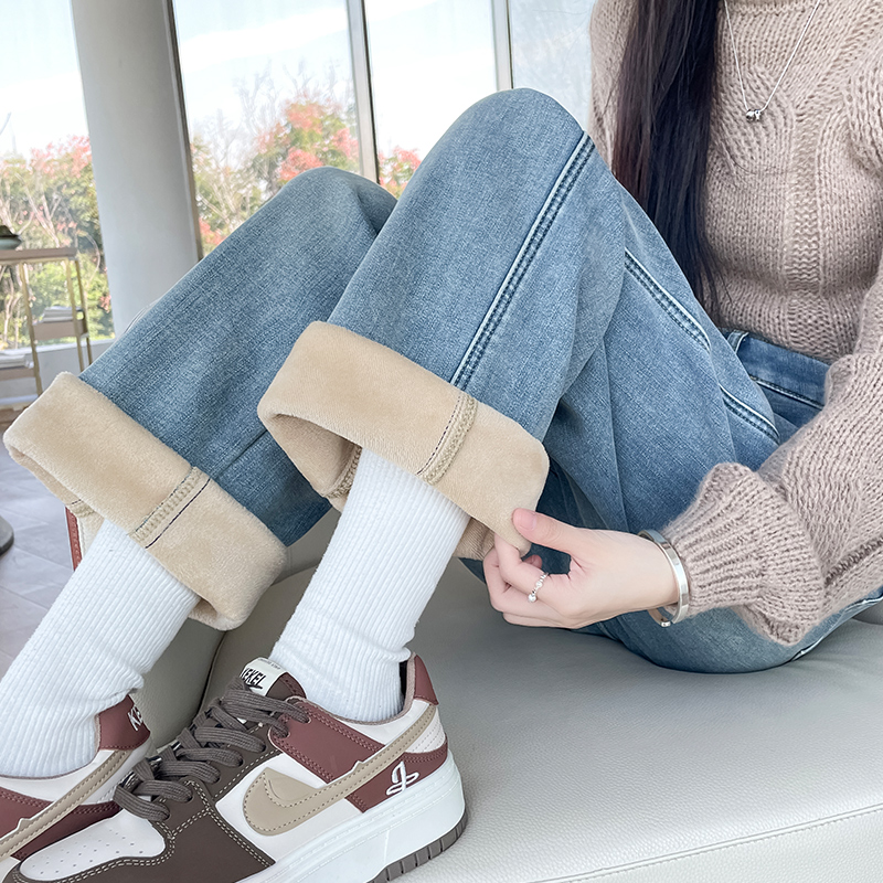 浅蓝色加绒加厚复古阔腿牛仔裤女