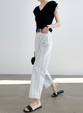 灰白色九分直筒牛仔裤女夏季薄款高腰宽松显瘦垂感小个子烟管裤子