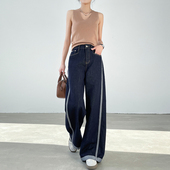 普鲁士蓝撞色拼接阔腿牛仔裤 子 高腰宽松显瘦直筒拖地裤 女春季 新款