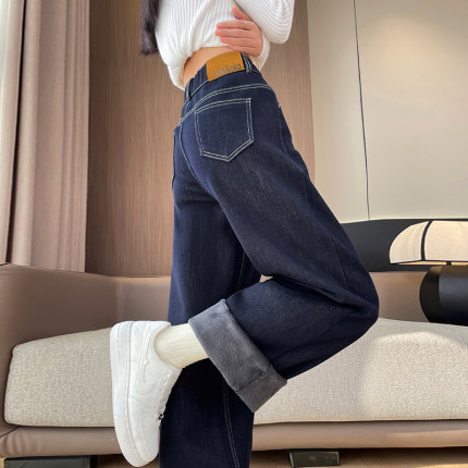 加绒蓝色阔腿牛仔裤女冬季2025年新款高腰宽松显瘦加厚窄版直筒裤
