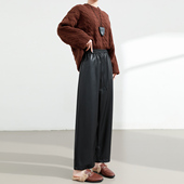 高腰显瘦百搭小个子九分哑光休闲直筒阔腿裤 黑色PU皮裤 女秋冬新款