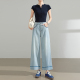 拼接九分直筒裤 莱赛尔天丝阔腿牛仔裤 高腰宽松显瘦大码 薄款 女夏季