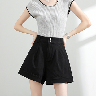 高腰显瘦黑色a字阔腿热裤 薄款 潮 女夏季 四面弹莱赛尔天丝牛仔短裤