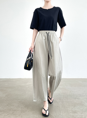 灰色日系抽绳速干裤女2025年夏季薄款高腰休闲九分阔腿香蕉弯刀裤