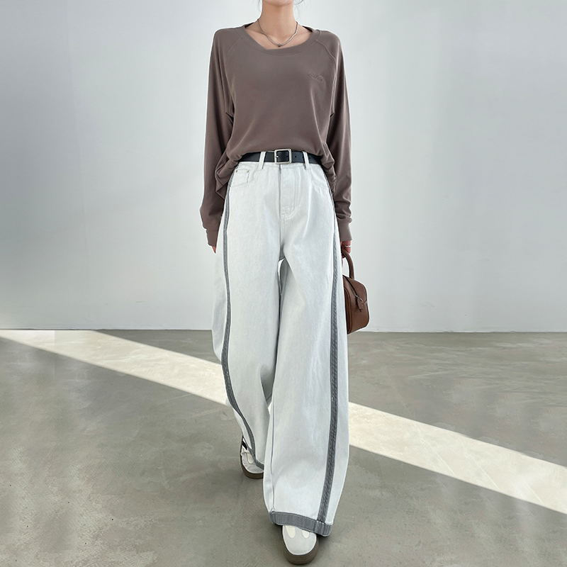 撞色阔腿牛仔裤女2025春季新款