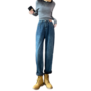 加绒牛仔裤女直筒宽松大码2025秋冬新款高腰冬季加厚阔腿老爹裤子