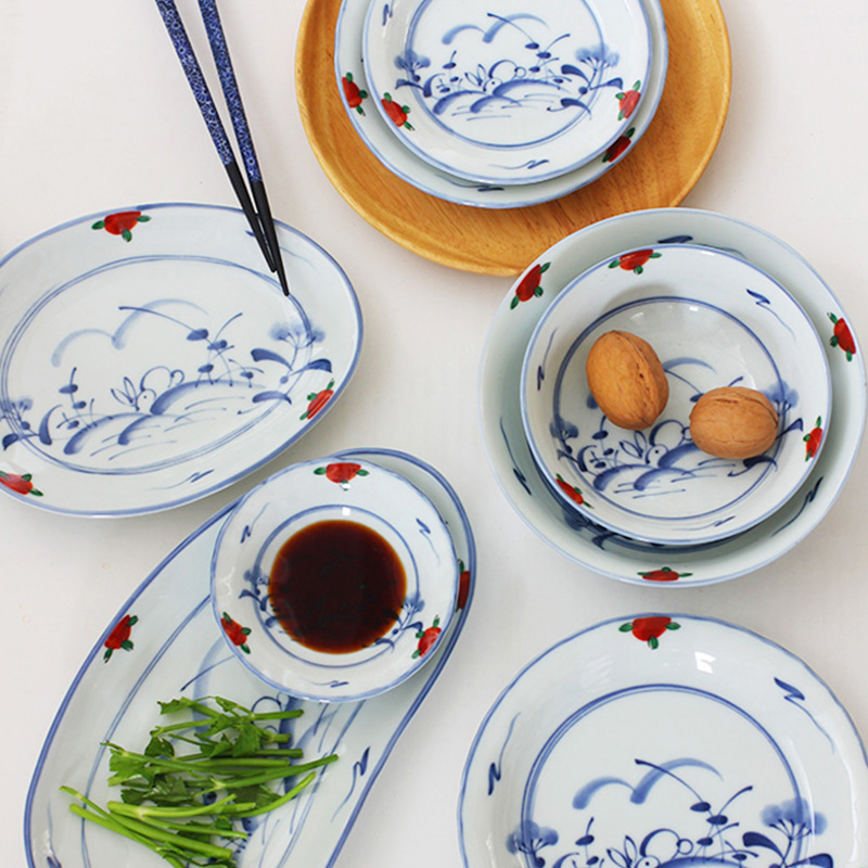 日本进口陶瓷釉下彩赤绘兔盘钵碗